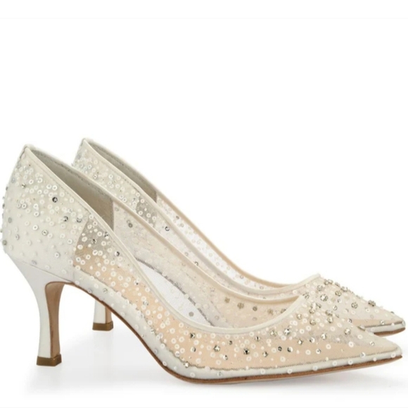 EVELYN IVORY Crystal & Sequin llusion Mesh Sparkly Kitten Heels - Picture 2 of 12